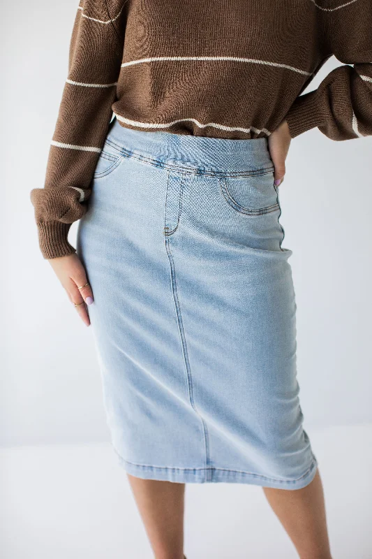 Denim Skirts with Elastic Waist for Comfort -'Sara' Classic Denim Skirt in Light Wash 28" FINAL SALE