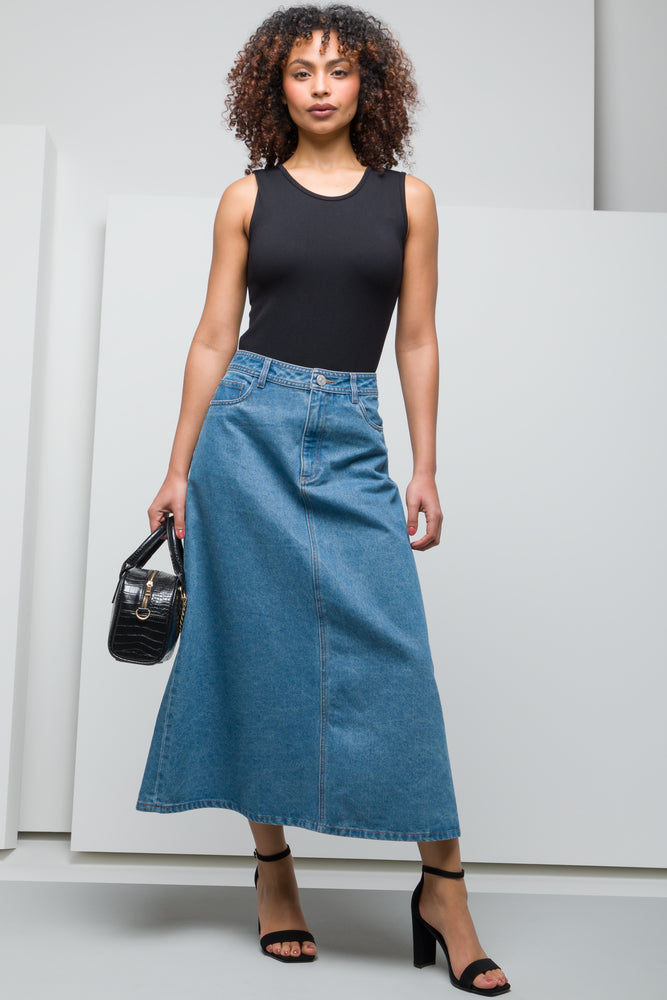 Brown Denim Skirts for Warm -A-Line Denim Skirt Mid Blue