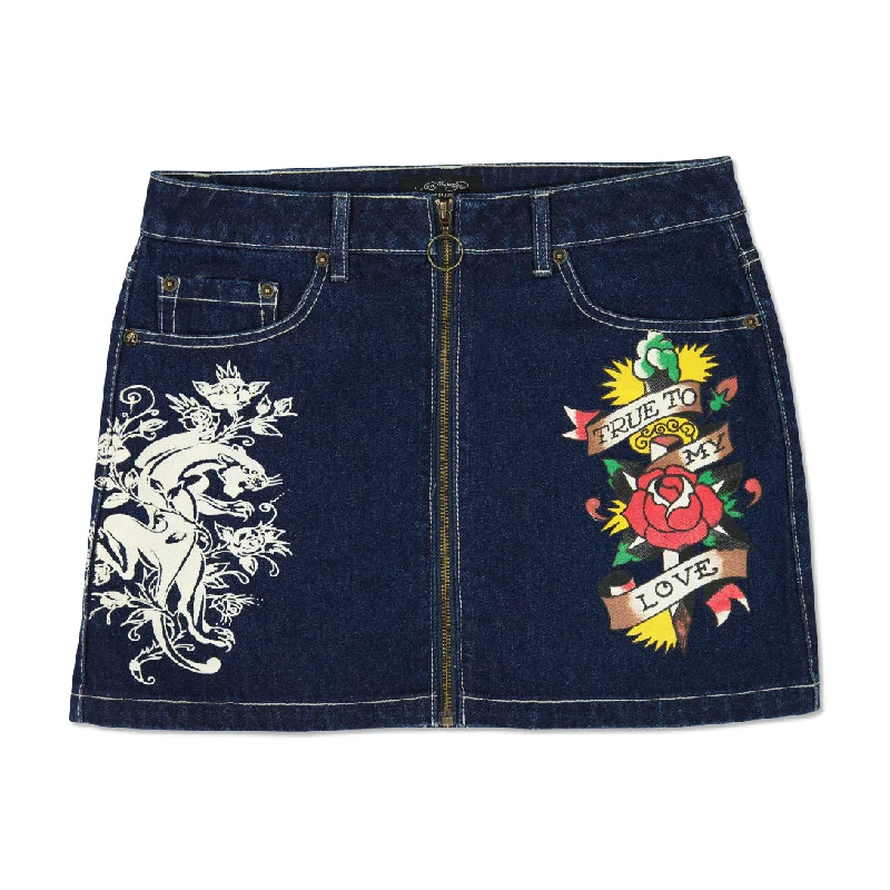 Flowy Denim Skirts for Graceful -Panther Zipper Front Mini Denim Skirt