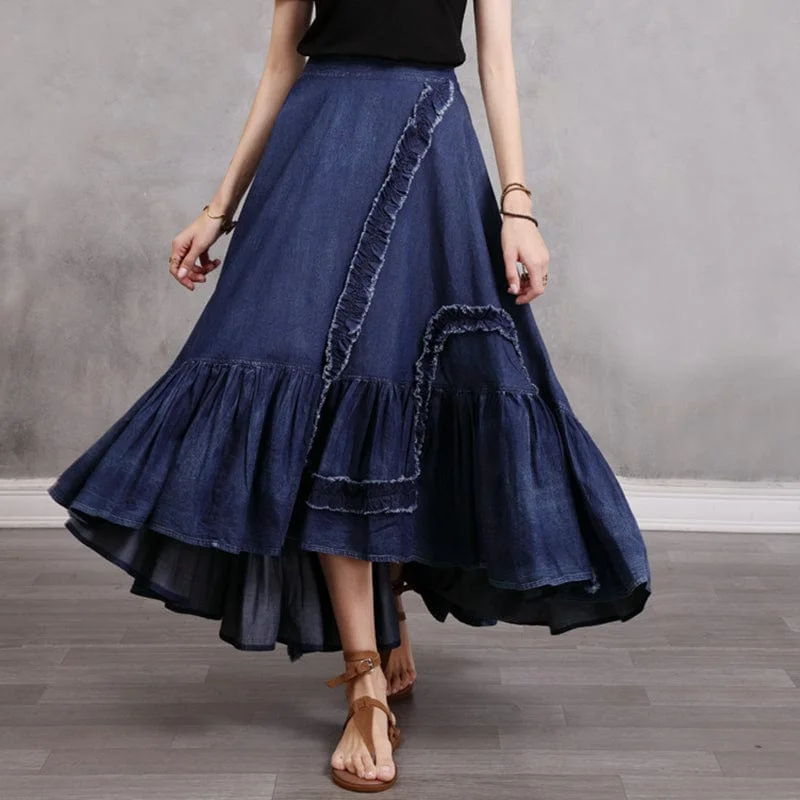 Denim Skirts for Movie Nights -Gypsy Style Patchwork Pleated Denim Skirt