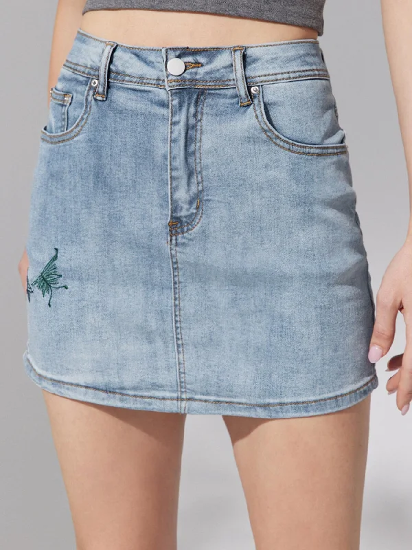 Denim Skirts for Christmas Celebrations -Embroidery Back Mini Denim Skirt