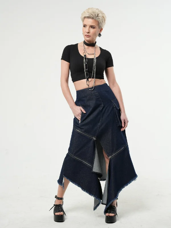 Affordable skirts for simple daily outfits -Asymmetric Denim Long Skirt with Zippers