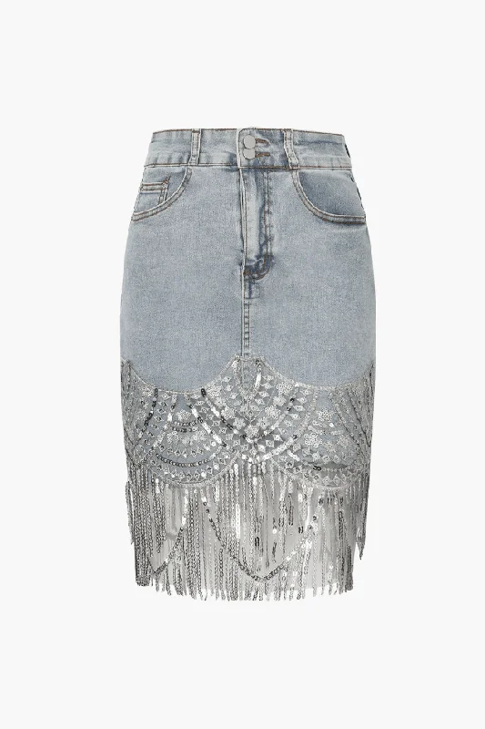 Printed Denim Skirts with Checks -Sequin Fringe Hem Denim Skirt