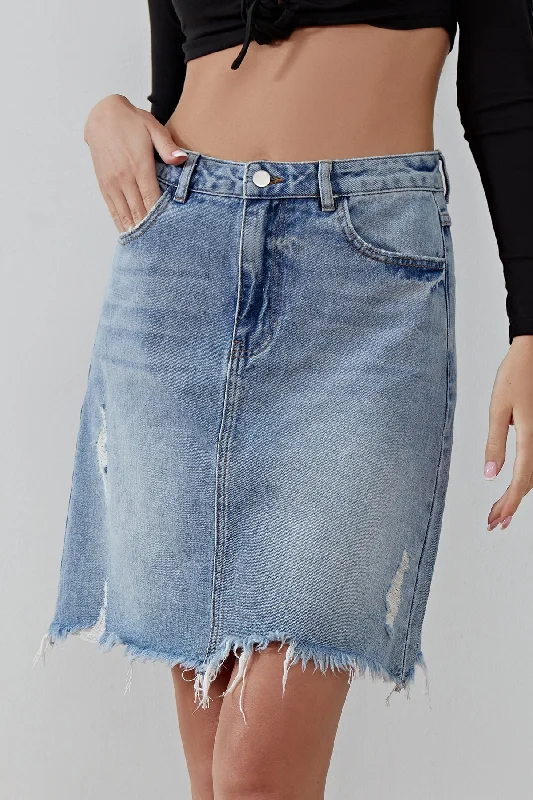 Denim Skirts for Spring Outfits -Women's Ripped  Raw Hem A Line Denim Skirt