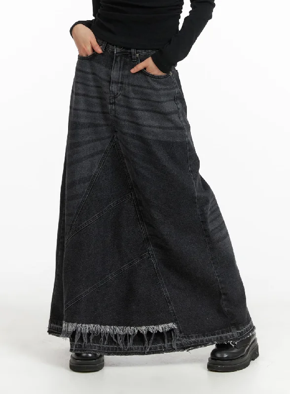 Denim Skirts with Drawstring for Adjustable -Destroyed Hem Maxi Denim Skirt CM413