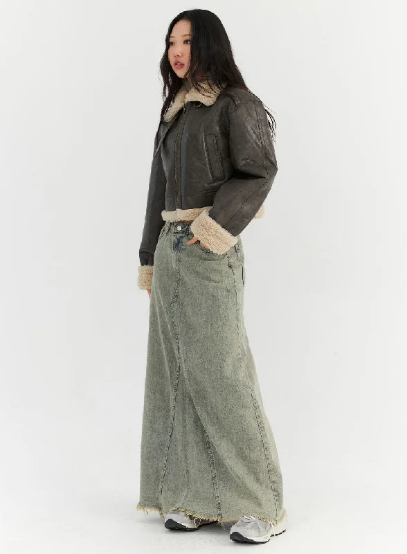 Acid Wash Denim Skirts for Retro -Raw Hem Maxi Denim Skirt CN303