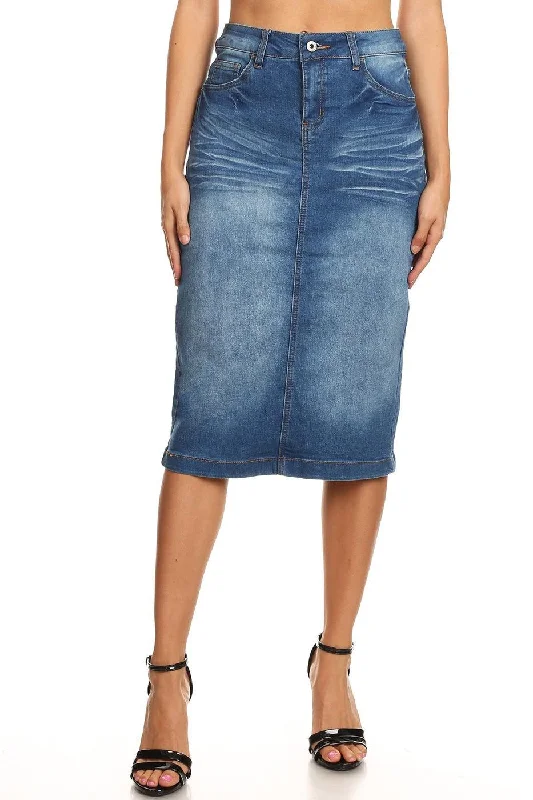 Printed Denim Skirts with Checks -Clara Indigo Denim Skirt