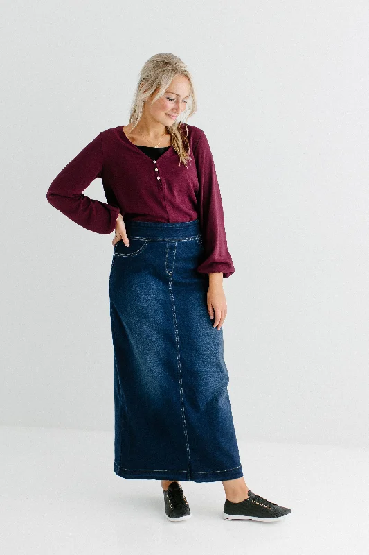 Button Down Denim Skirts for Casual -'Sara' Classic Long Denim Skirt Dark Wash