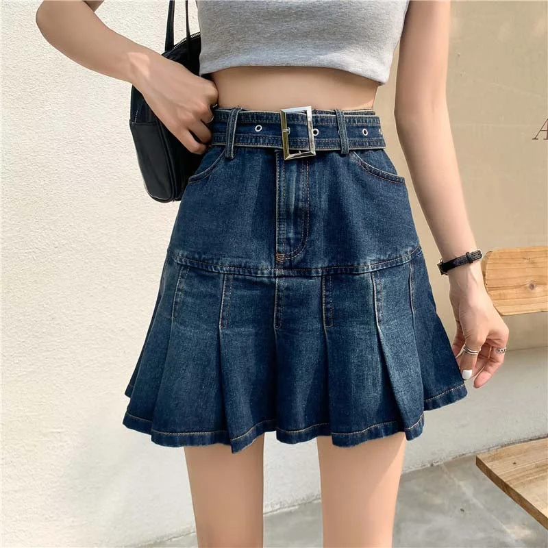 Pencil Denim Skirts for Office -KittenAlarm - High Waist Pleated Ruffles Mini Denim Skirt