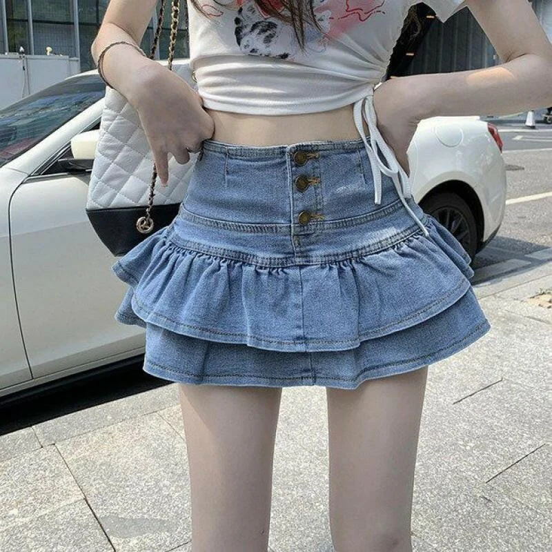 Slim Fit Denim Skirts for Bodycon -Hot Girl Pure Denim Skirt Women's Summer Anti-exposure Single-breasted