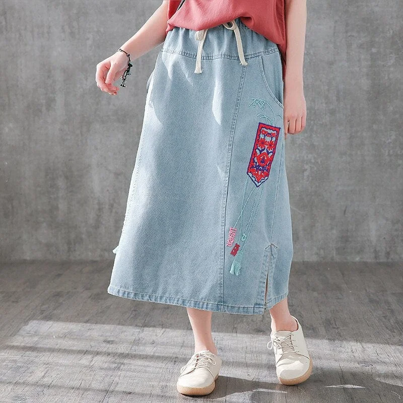 Midi Denim Skirts for Elegant -Embroidered Vintage Denim Skirt